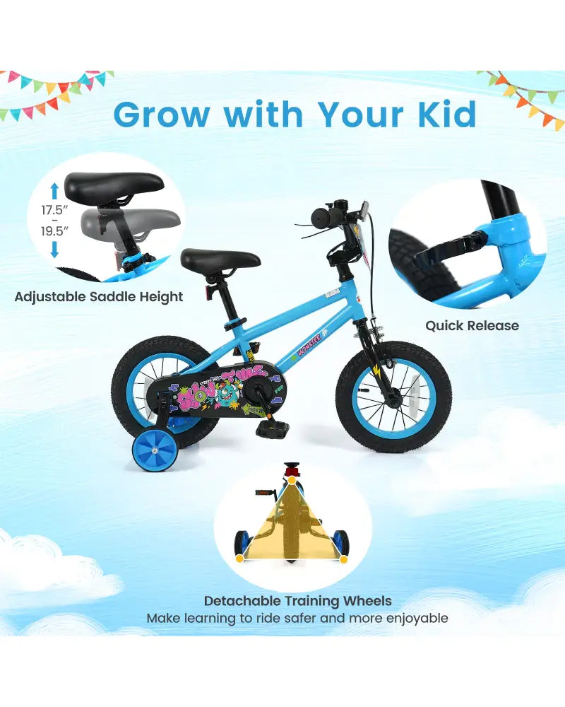 12 Inch Kids Bike with Training Wheels for Ages 3-8 Years Old Blue- Street Art Time - Blue - Kids Bike