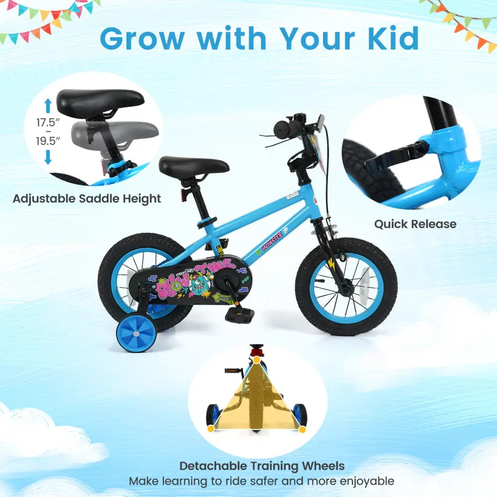 12 Inch Kids Bike with Training Wheels for Ages 3-8 Years Old Blue- Street Art Time - Blue - Kids Bike
