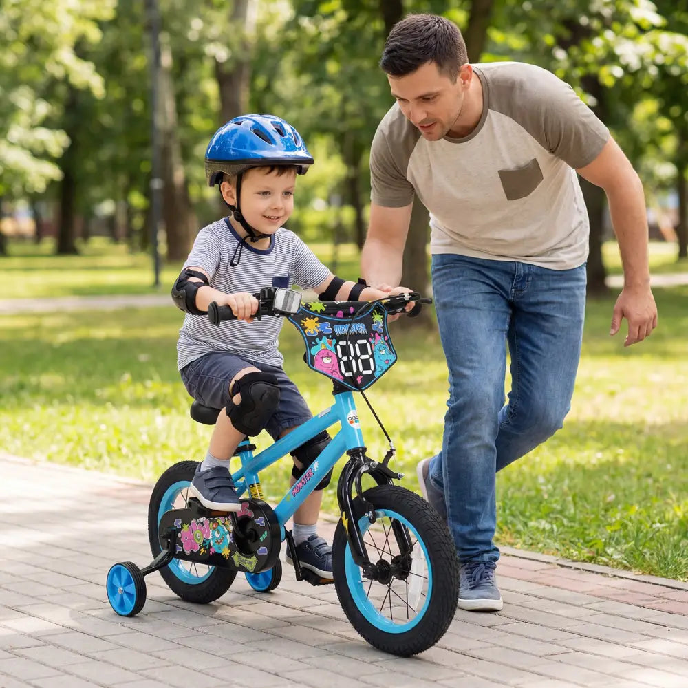 12 Inch Kids Bike with Training Wheels for Ages 3-8 Years Old Blue- Street Art Time - Blue - Kids Bike
