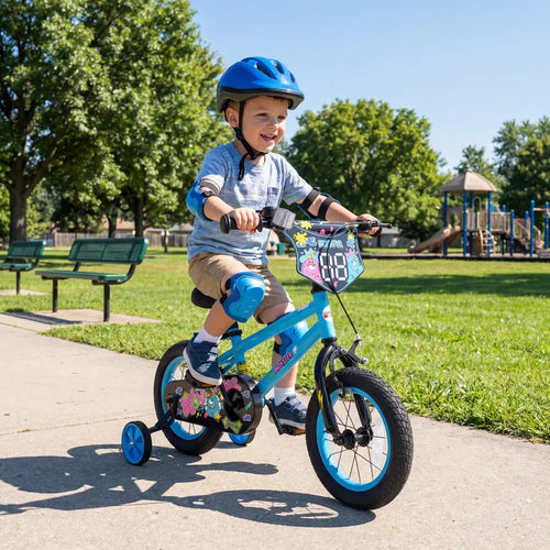 12 Inch Kids Bike with Training Wheels for Ages 3-8 Years Old Blue- Street Art Time - Blue - Kids Bike