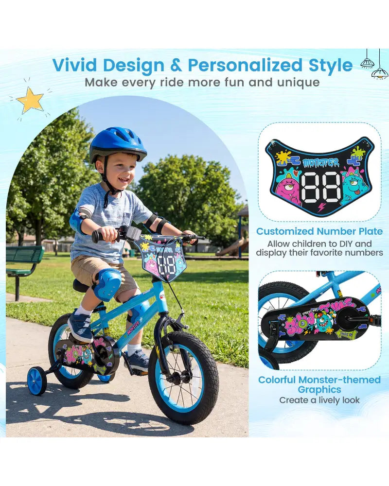 12 Inch Kids Bike with Training Wheels for Ages 3-8 Years Old Blue- Street Art Time - Blue - Kids Bike
