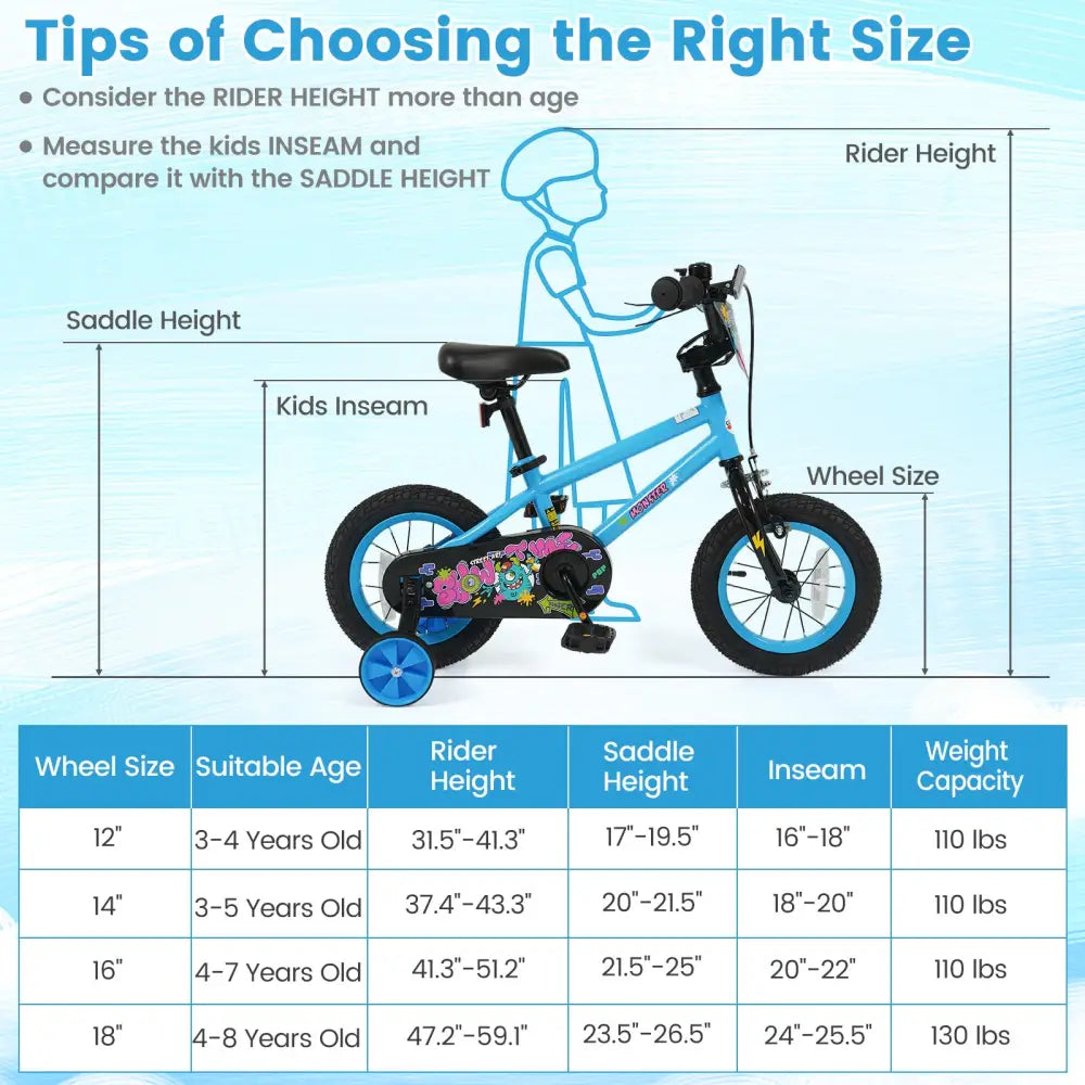 12 Inch Kids Bike with Training Wheels for Ages 3-8 Years Old Blue- Street Art Time - Blue - Kids Bike