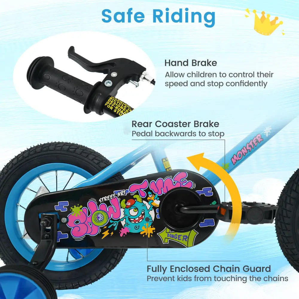 12 Inch Kids Bike with Training Wheels for Ages 3-8 Years Old Blue- Street Art Time - Blue - Kids Bike