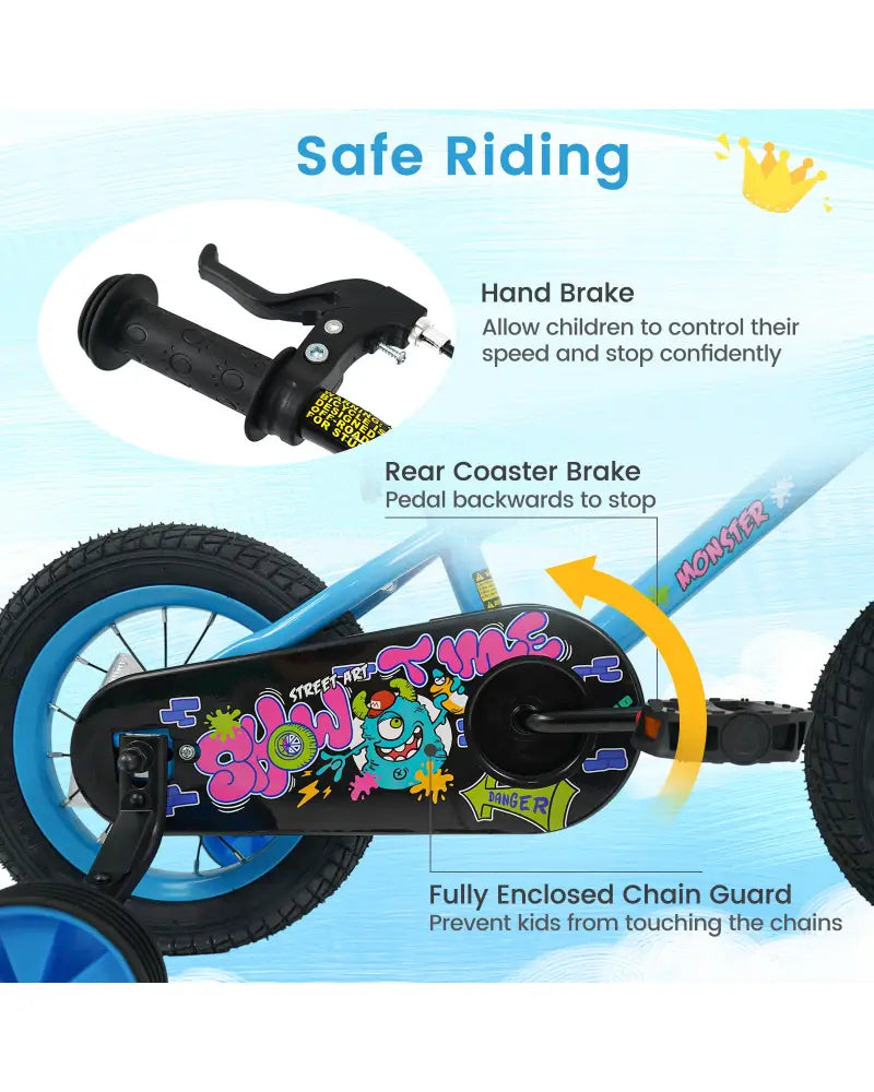 12 Inch Kids Bike with Training Wheels for Ages 3-8 Years Old Blue- Street Art Time - Blue - Kids Bike