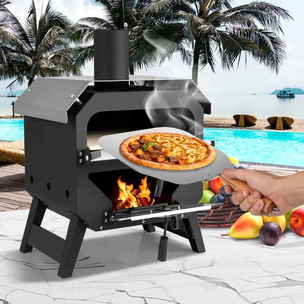 12 Inch Outdoor Pizza Oven with Pizza Stone for Patio Backyard Camping BBQ-Black - Black - Outdoor Grills