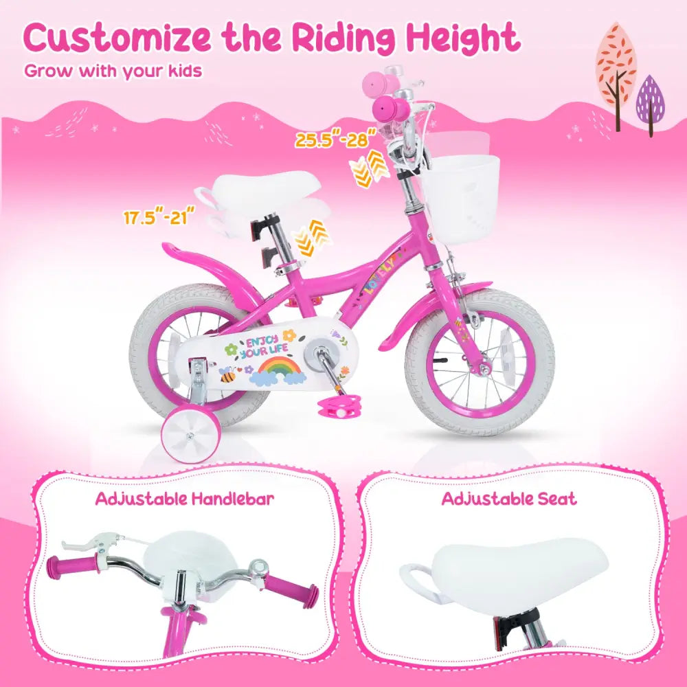 12 Inches Girls Bike for 3-4 Years Old with Basket - Spring Party Pink - Pink - Kids Bike