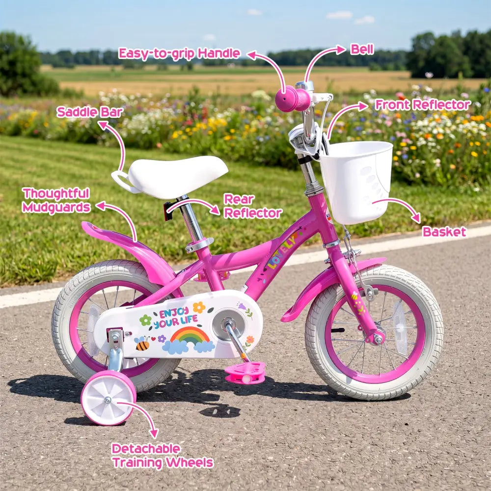 12 Inches Girls Bike for 3-4 Years Old with Basket - Spring Party Pink - Pink - Kids Bike