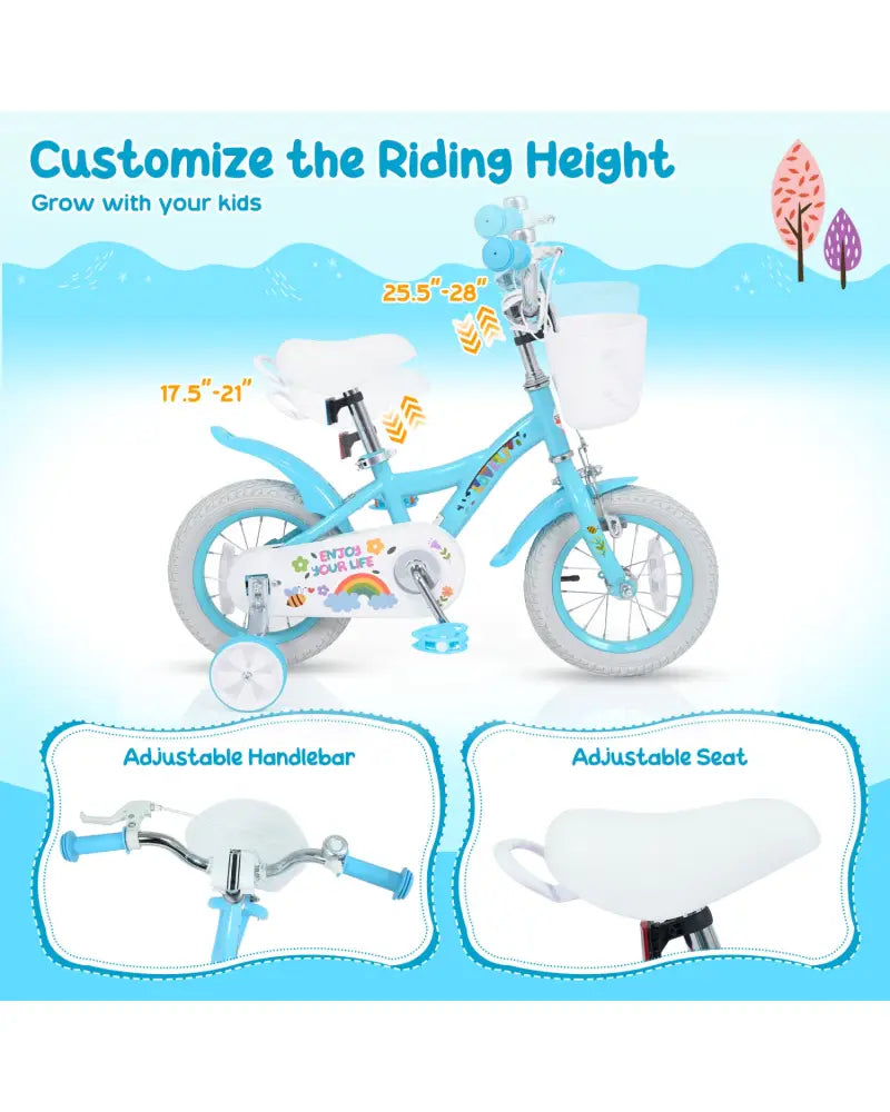 12 Inches Girls Bike for 3-4 Years Old with Training Wheels and Basket - Spring Party Blue - Blue - Kids Bike