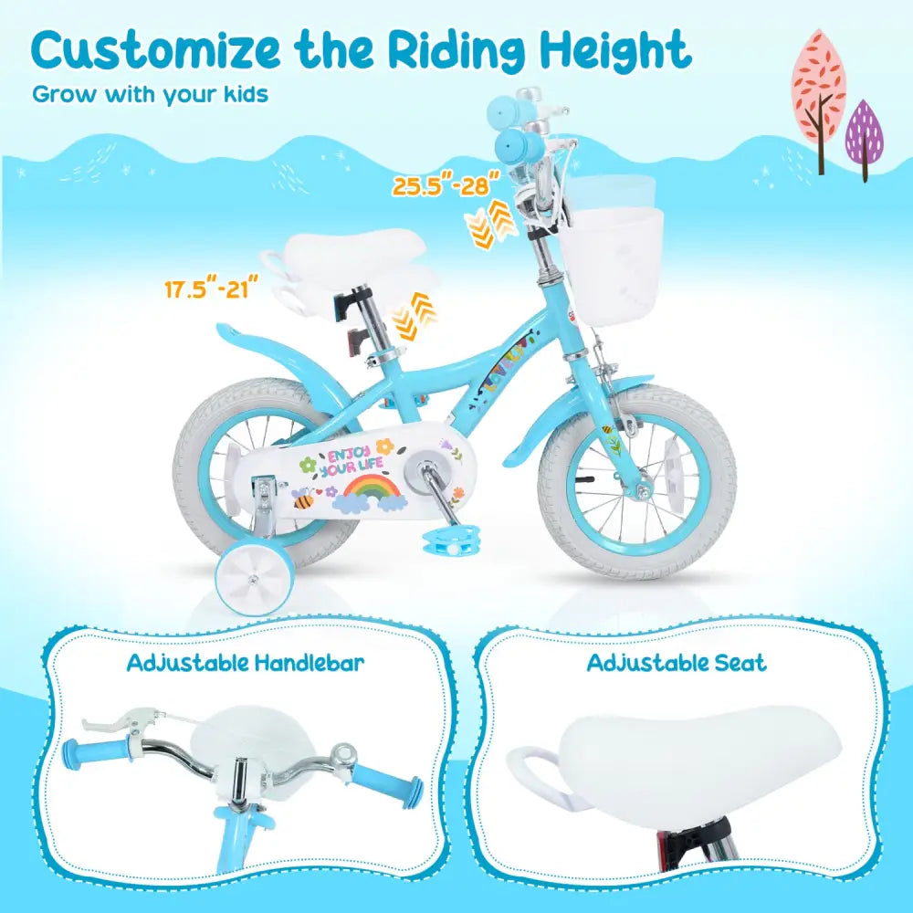 12 Inches Girls Bike for 3-4 Years Old with Training Wheels and Basket - Spring Party Blue - Blue - Kids Bike