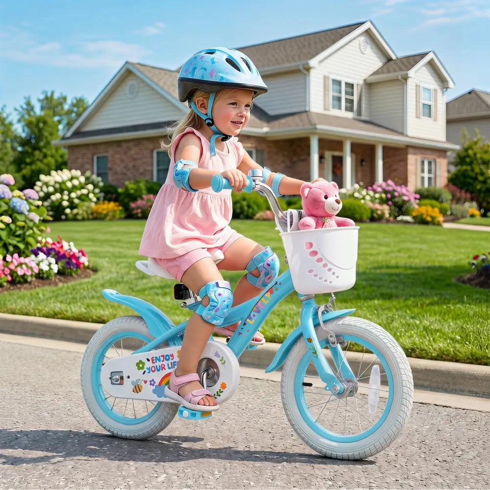 12 Inches Girls Bike for 3-4 Years Old with Training Wheels and Basket - Spring Party Blue - Blue - Kids Bike