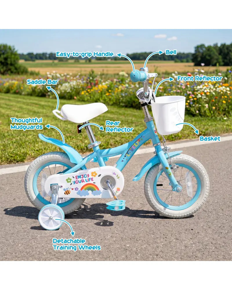 12 Inches Girls Bike for 3-4 Years Old with Training Wheels and Basket - Spring Party Blue - Blue - Kids Bike
