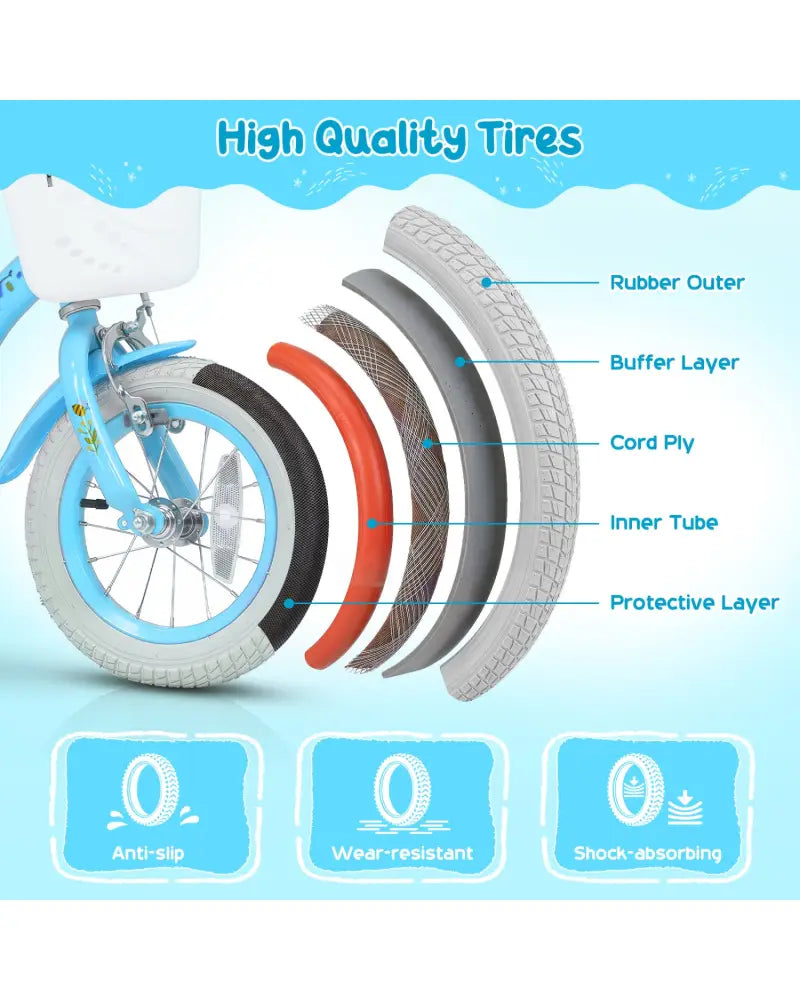 12 Inches Girls Bike for 3-4 Years Old with Training Wheels and Basket - Spring Party Blue - Blue - Kids Bike