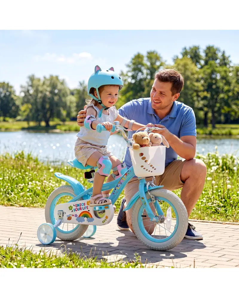 12 Inches Girls Bike for 3-4 Years Old with Training Wheels and Basket - Spring Party Blue - Blue - Kids Bike