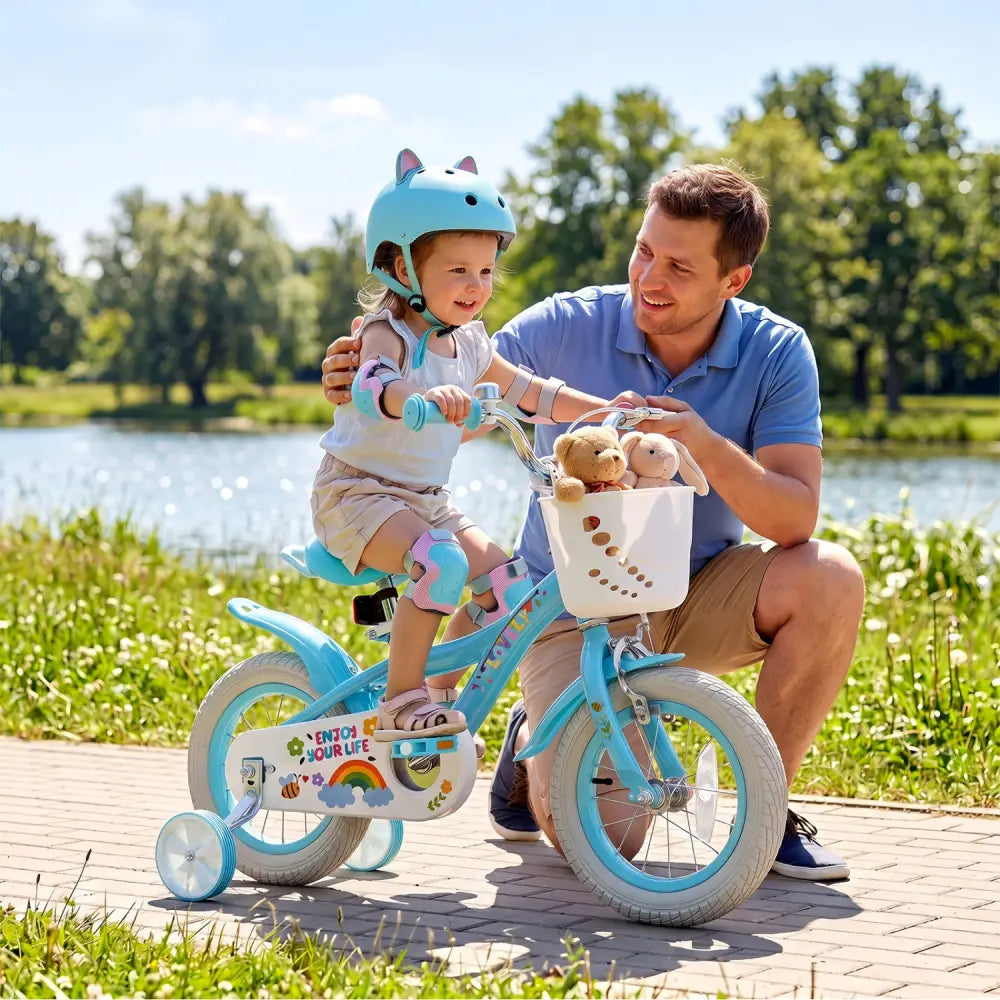 12 Inches Girls Bike for 3-4 Years Old with Training Wheels and Basket - Spring Party Blue - Blue - Kids Bike