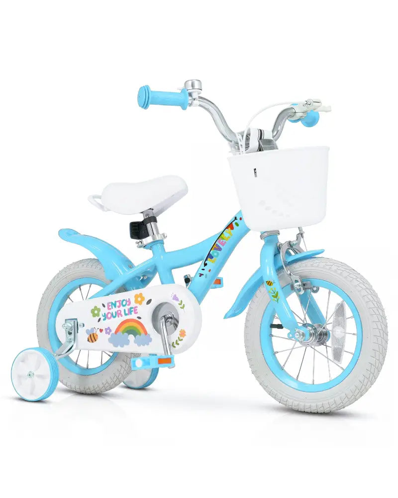 12 Inches Girls Bike for 3-4 Years Old with Training Wheels and Basket - Spring Party Blue - Blue - Kids Bike