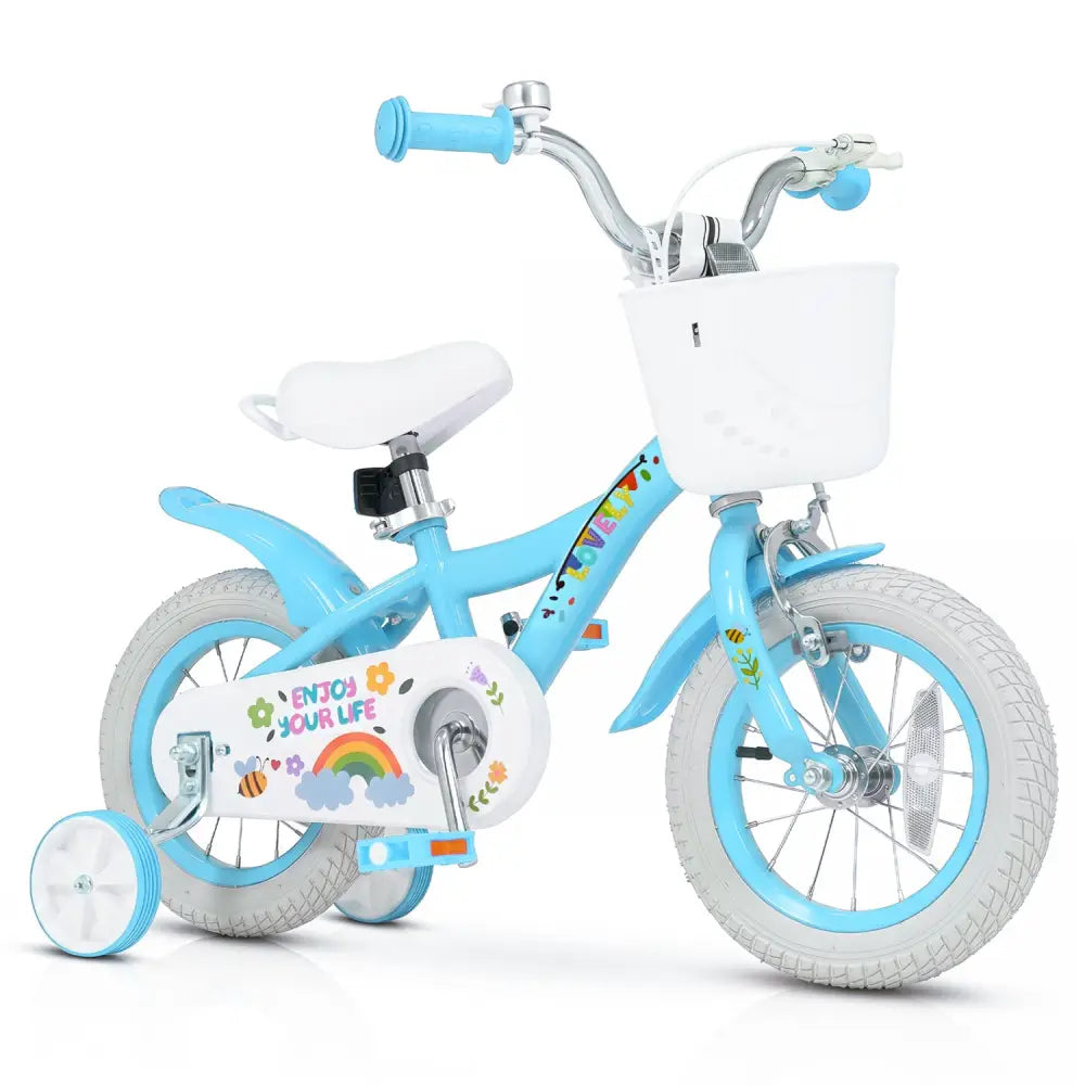 12 Inches Girls Bike for 3-4 Years Old with Training Wheels and Basket - Spring Party Blue - Blue - Kids Bike