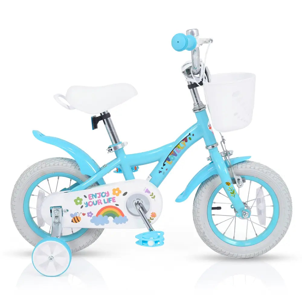 12 Inches Girls Bike for 3-4 Years Old with Training Wheels and Basket - Spring Party Blue - Blue - Kids Bike