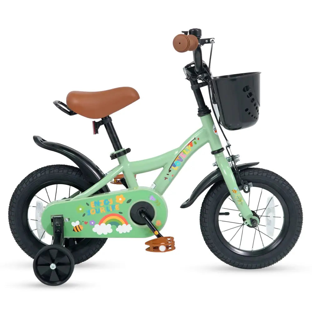 12 Inches Girls Bike for 3-8 Years Old with Basket - Spring Party Green - Green - Kids Bike