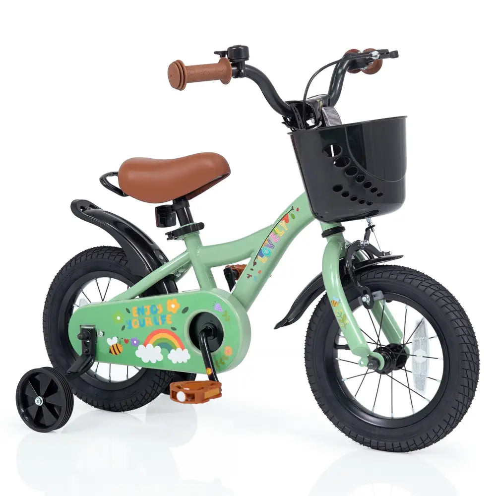 12 Inches Girls Bike for 3-8 Years Old with Basket - Spring Party Green - Green - Kids Bike