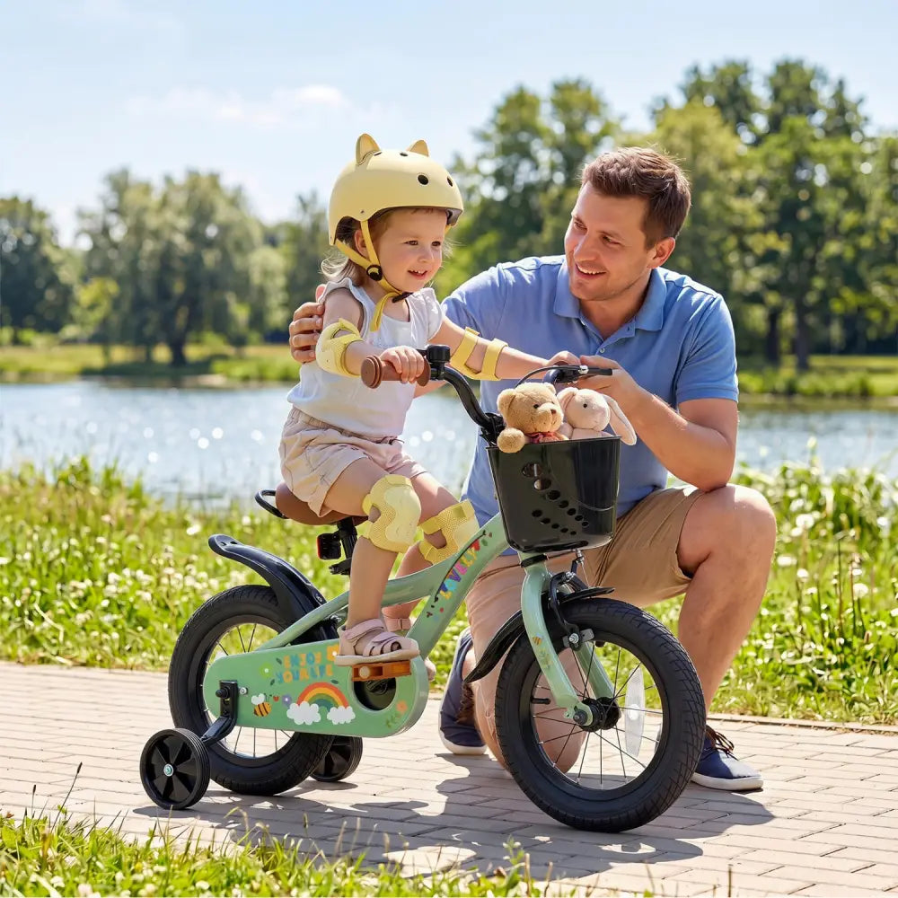 12 Inches Girls Bike for 3-8 Years Old with Basket - Spring Party Green - Green - Kids Bike