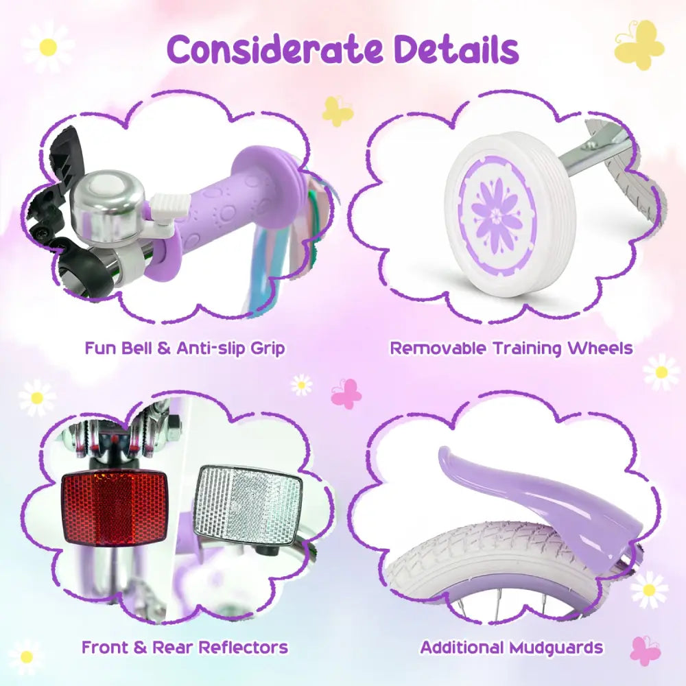 12 Inches Girls Bike with Front Bag and Streamers for 3-4 Years Purple - Purple - Kids Bike