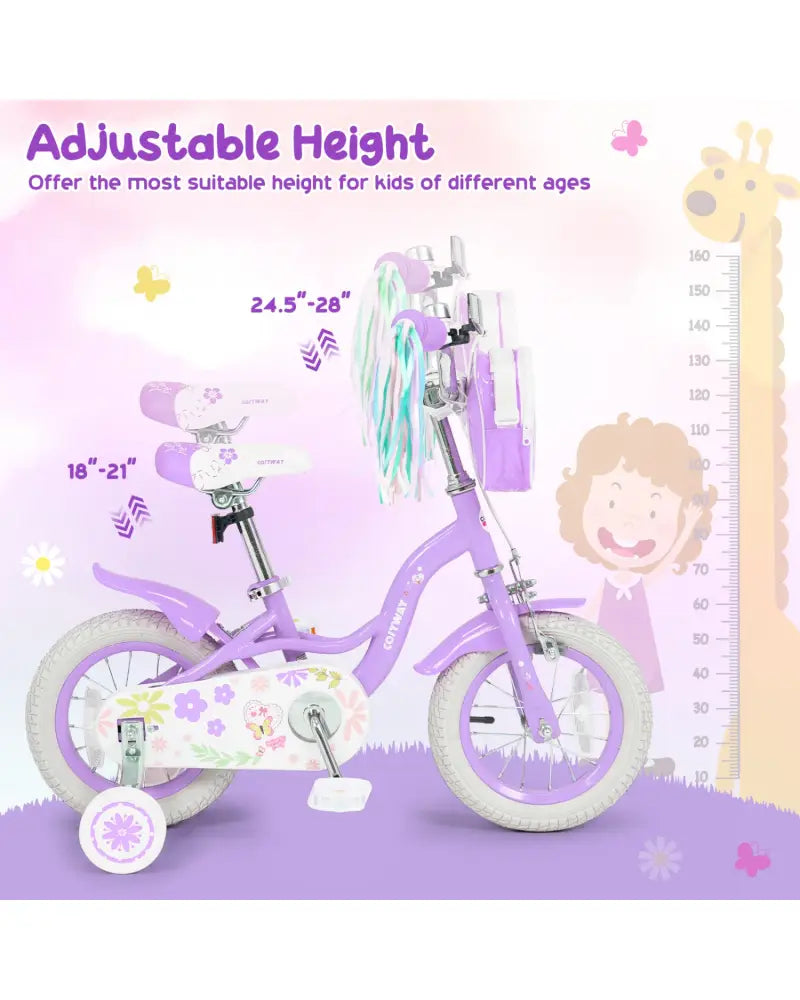 12 Inches Girls Bike with Front Bag and Streamers for 3-4 Years Purple - Purple - Kids Bike