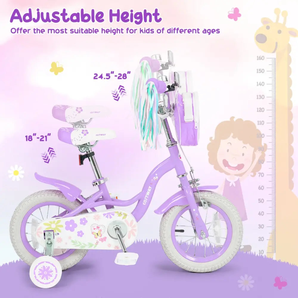 12 Inches Girls Bike with Front Bag and Streamers for 3-4 Years Purple - Purple - Kids Bike