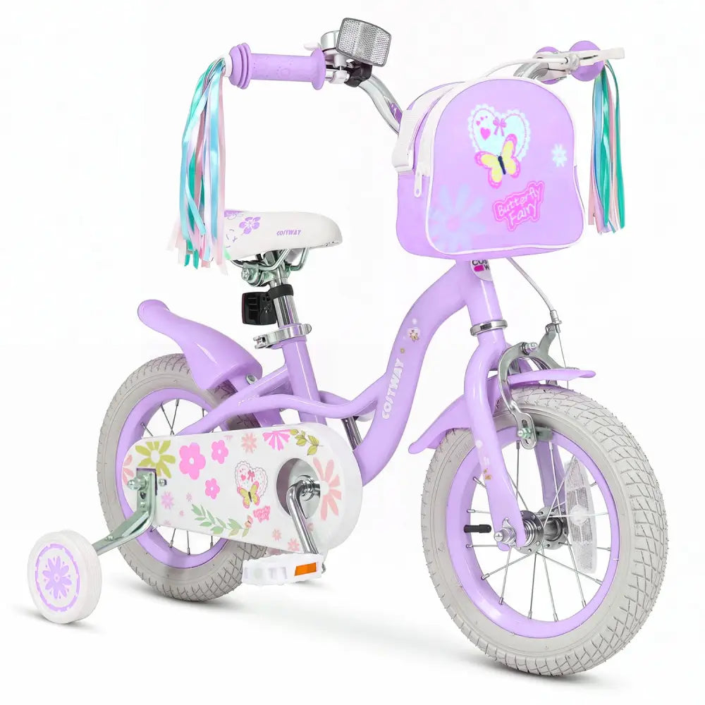 12 Inches Girls Bike with Front Bag and Streamers for 3-4 Years Purple - Purple - Kids Bike