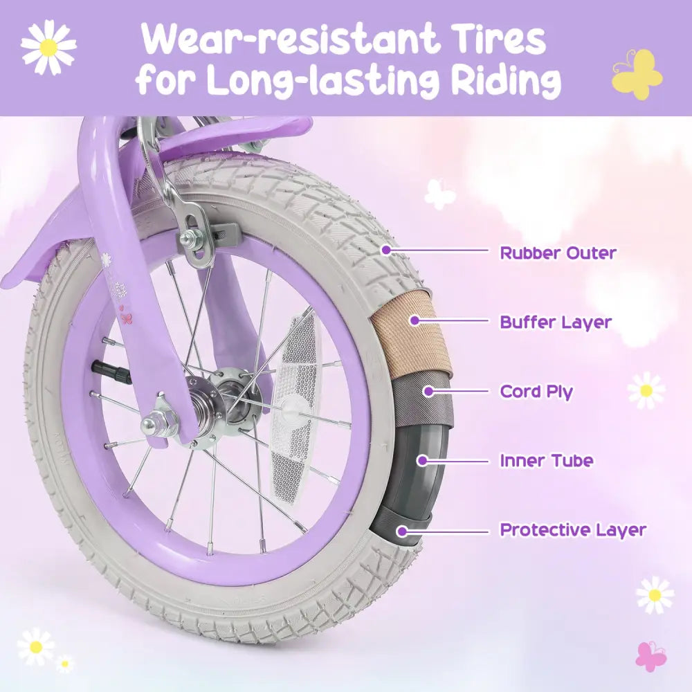 12 Inches Girls Bike with Front Bag and Streamers for 3-4 Years Purple - Purple - Kids Bike