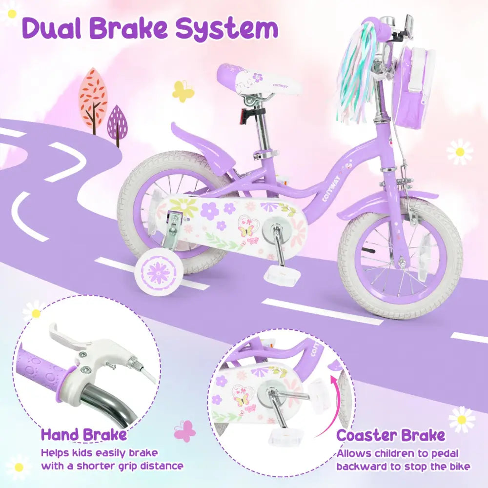 12 Inches Girls Bike with Front Bag and Streamers for 3-4 Years Purple - Purple - Kids Bike