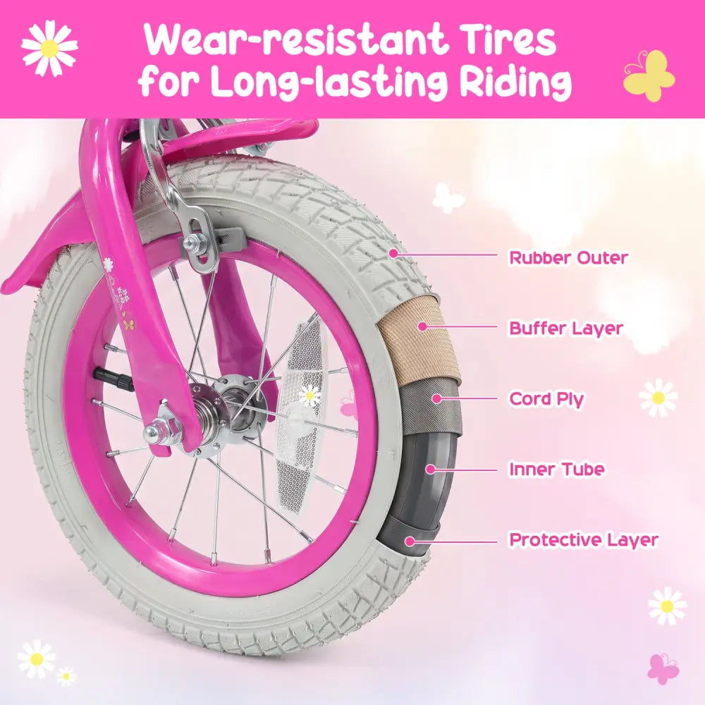 12 Inches Girls Bike with Front Bag and Streamers for 3-4 Years Pink - Pink - Kids Bike