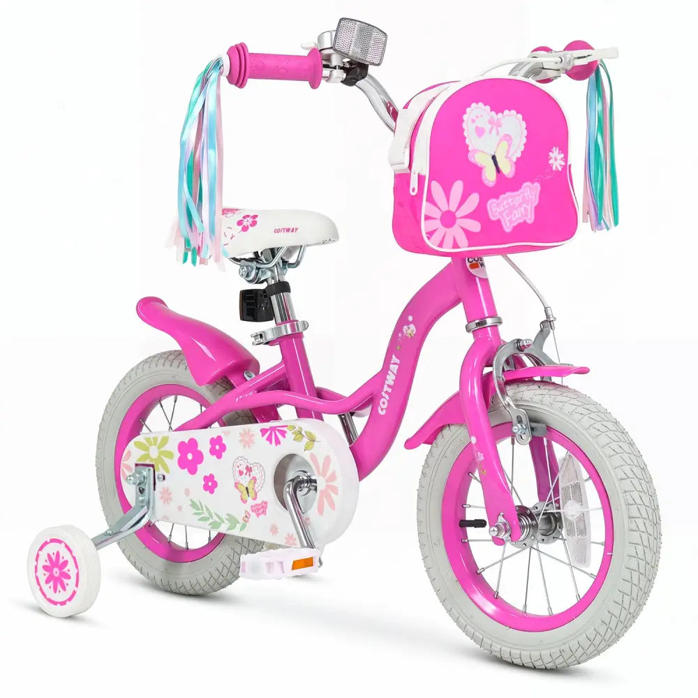 12 Inches Girls Bike with Front Bag and Streamers for 3-4 Years Pink - Pink - Kids Bike