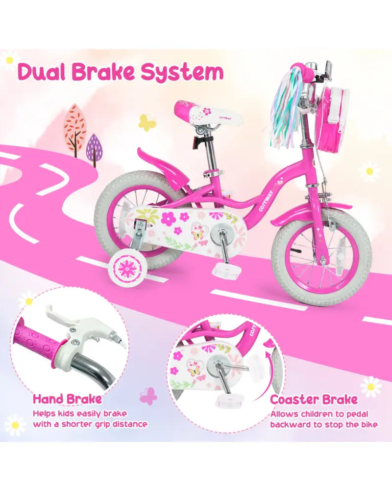12 Inches Girls Bike with Front Bag and Streamers for 3-4 Years Pink - Pink - Kids Bike