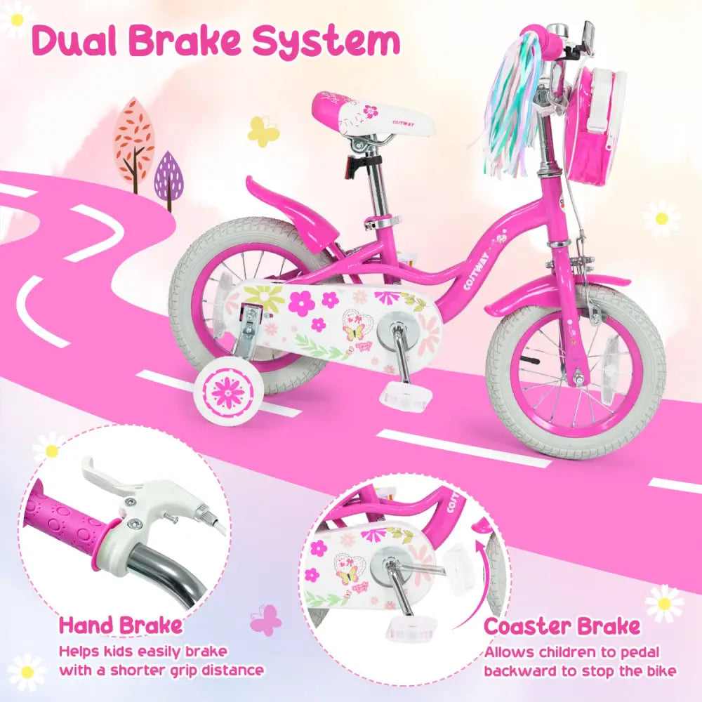 12 Inches Girls Bike with Front Bag and Streamers for 3-4 Years Pink - Pink - Kids Bike