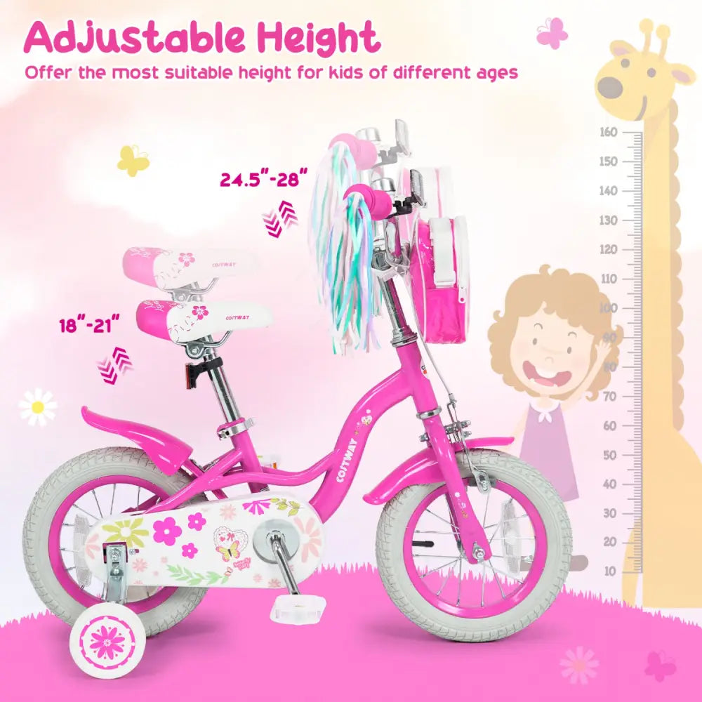 12 Inches Girls Bike with Front Bag and Streamers for 3-4 Years Pink - Pink - Kids Bike