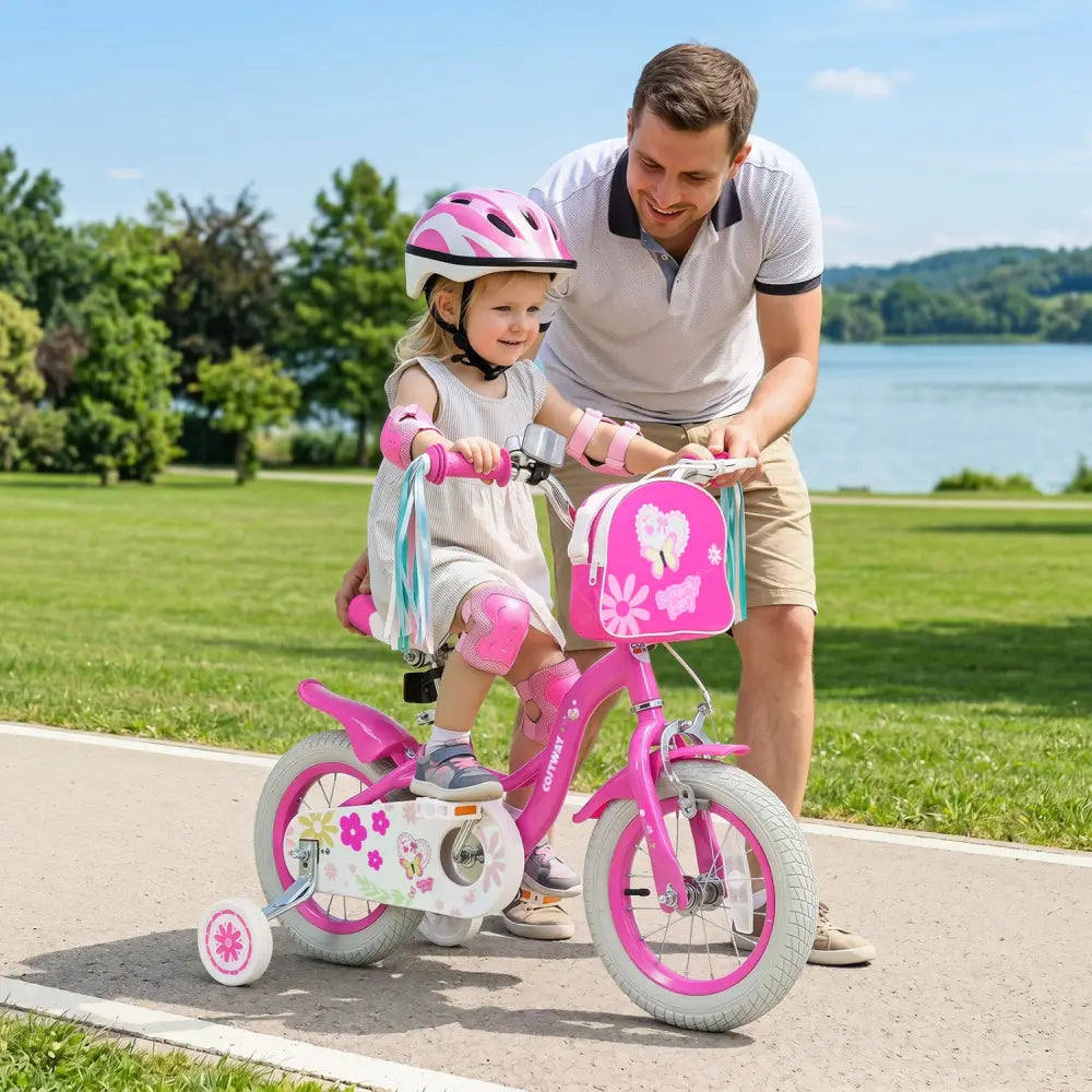 12 Inches Girls Bike with Front Bag and Streamers for 3-4 Years Pink - Pink - Kids Bike