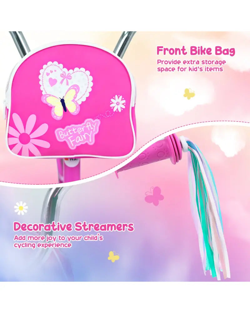 12 Inches Girls Bike with Front Bag and Streamers for 3-4 Years Pink - Pink - Kids Bike