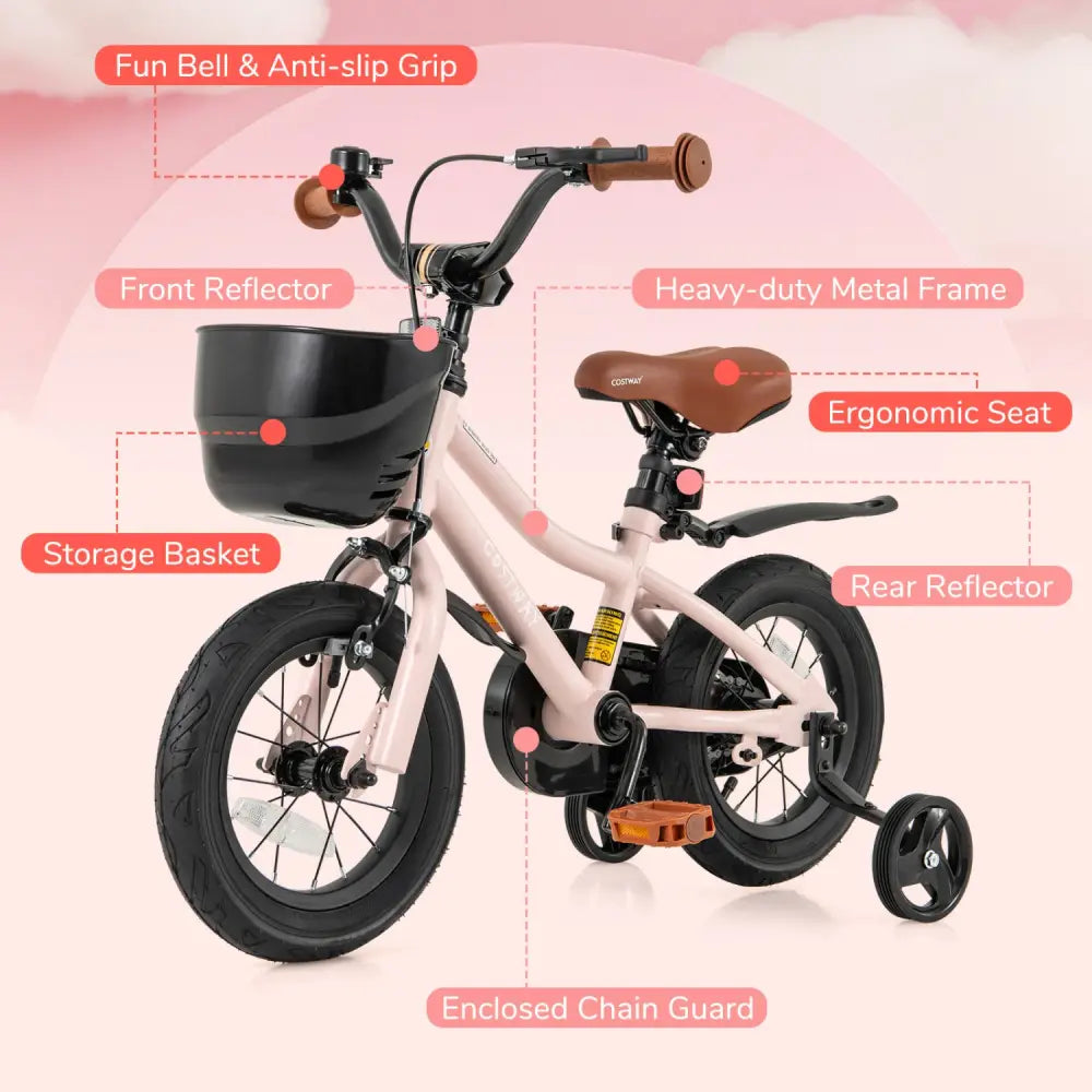 12 Inches Kids Bike with Basket and Adjustable Handlebar for 3-4 Years Old - Pink - Kids Bike