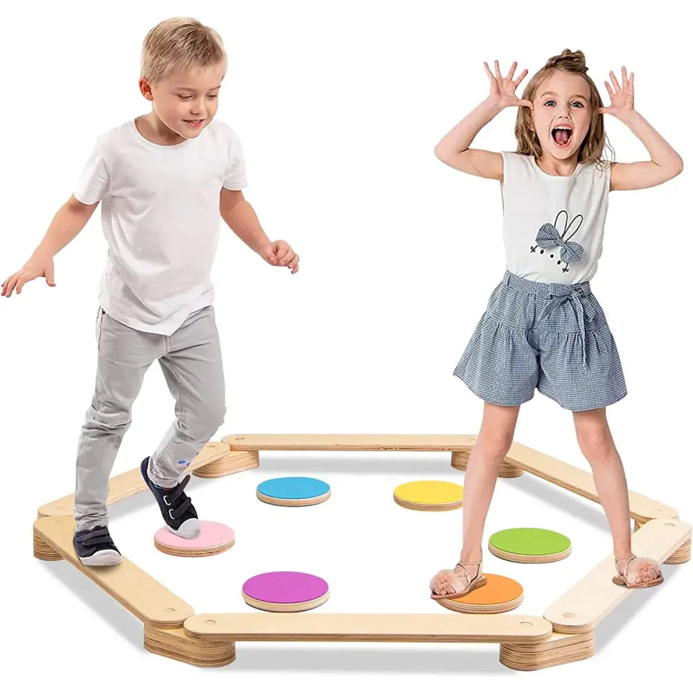 12-Piece Kids Wooden Balance Beam with Colorful Steeping Stones - Natural - Toy Sports