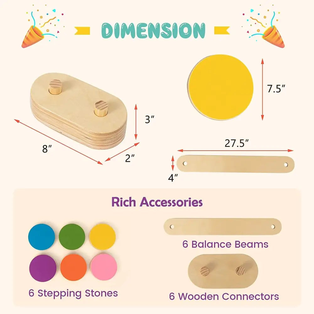 12-Piece Kids Wooden Balance Beam with Colorful Steeping Stones - Natural - Toy Sports