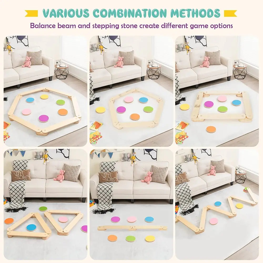 12-Piece Kids Wooden Balance Beam with Colorful Steeping Stones - Natural - Toy Sports