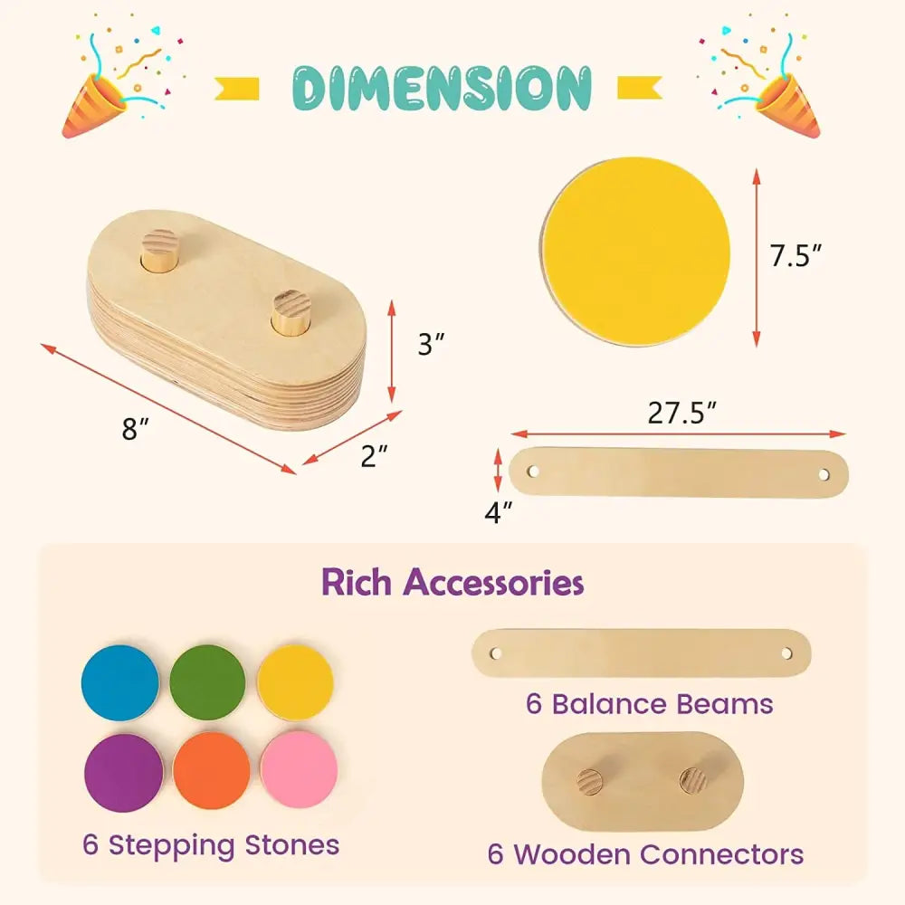 12-Piece Kids Wooden Balance Beam with Colorful Steeping Stones - Natural - Toy Sports