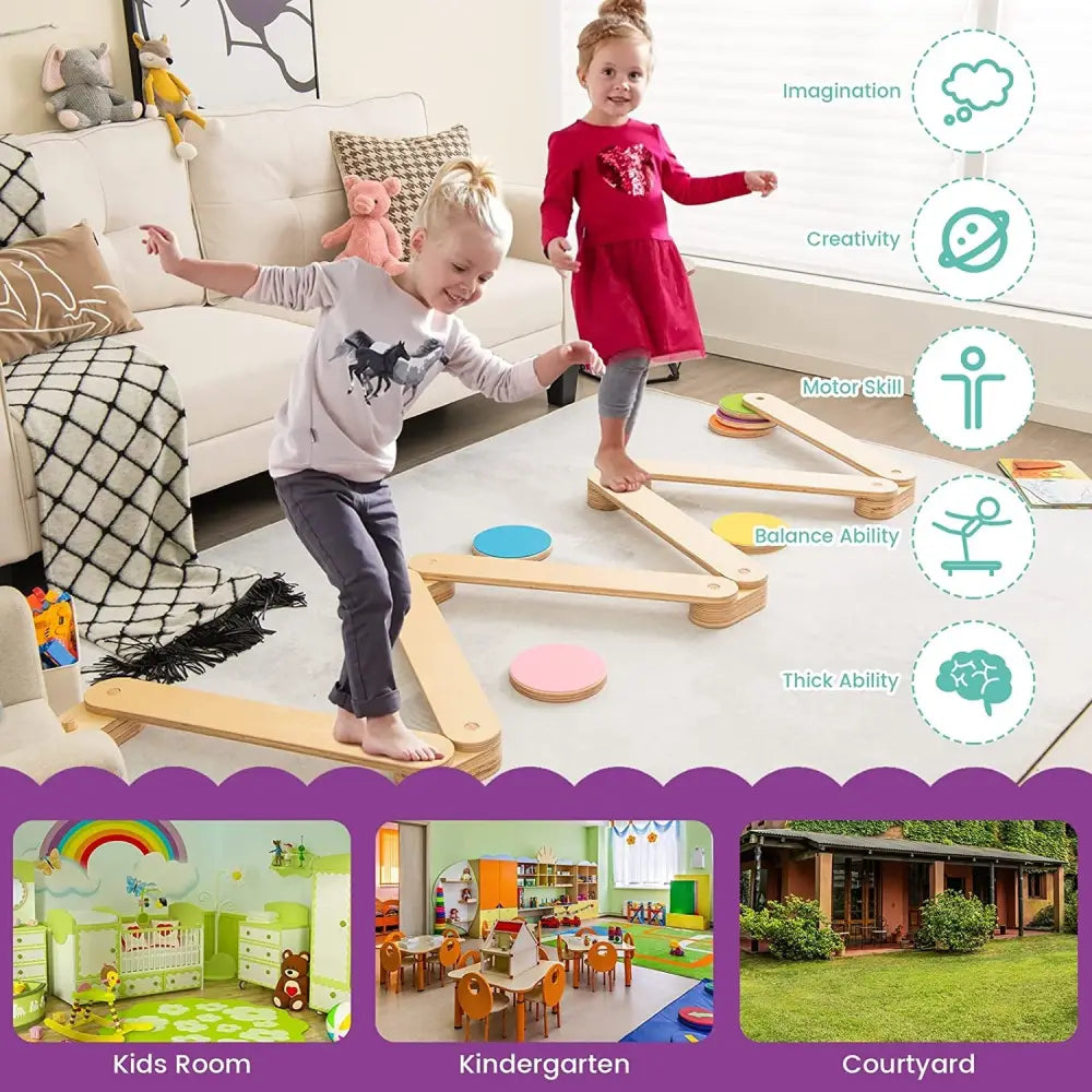 12-Piece Kids Wooden Balance Beam with Colorful Steeping Stones - Natural - Toy Sports