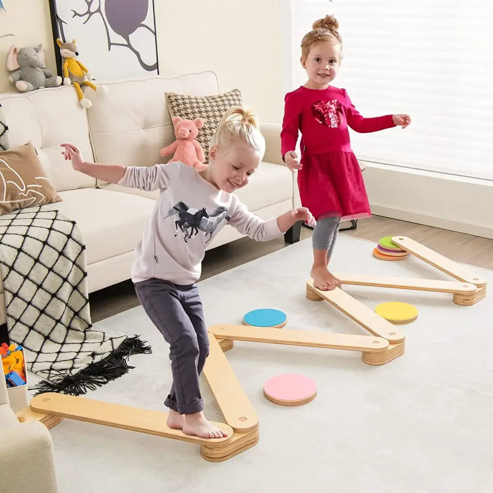 12-Piece Kids Wooden Balance Beam with Colorful Steeping Stones - Natural - Toy Sports