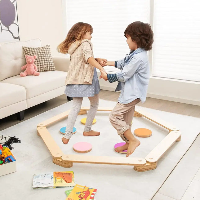 12-Piece Kids Wooden Balance Beam with Colorful Steeping Stones - Natural - Toy Sports