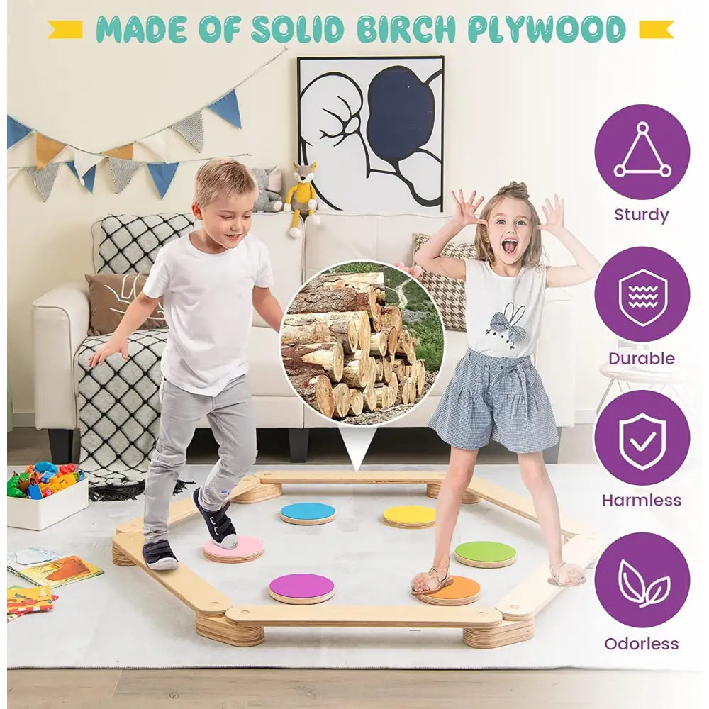 12-Piece Kids Wooden Balance Beam with Colorful Steeping Stones - Natural - Toy Sports
