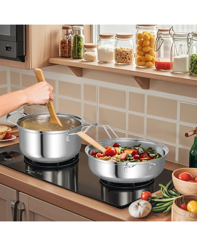 12 Piece Pots and Pans Set with Tempered Glass Lids and Handles - Silver - Cookware & Bakeware