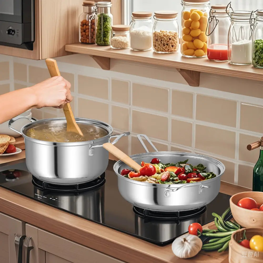 12 Piece Pots and Pans Set with Tempered Glass Lids and Handles - Silver - Cookware & Bakeware