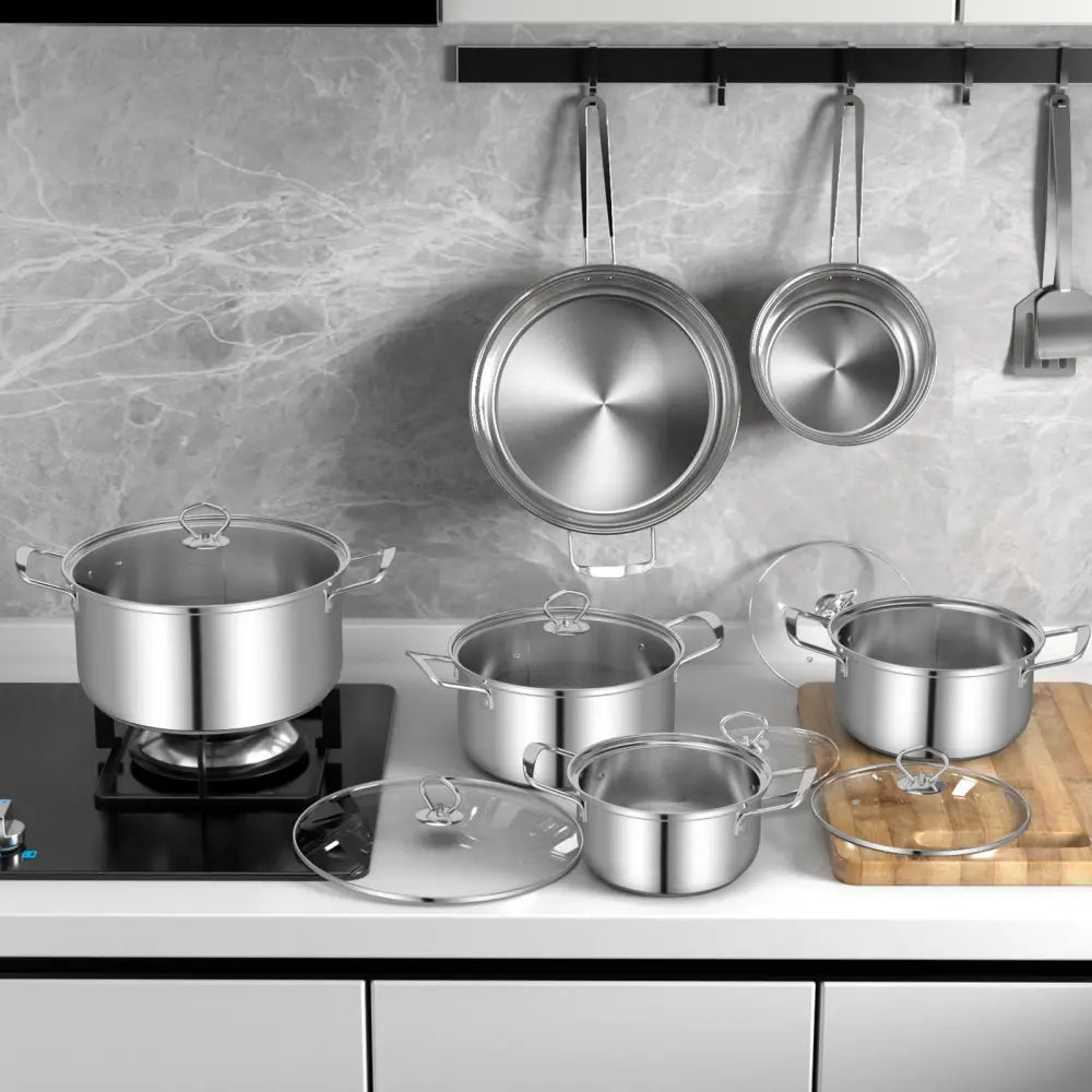 12 Piece Pots and Pans Set with Tempered Glass Lids and Handles - Silver - Cookware & Bakeware