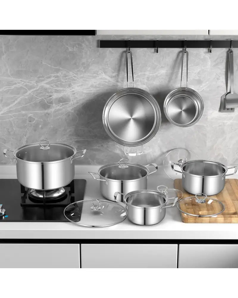 12 Piece Pots and Pans Set with Tempered Glass Lids and Handles - Silver - Cookware & Bakeware